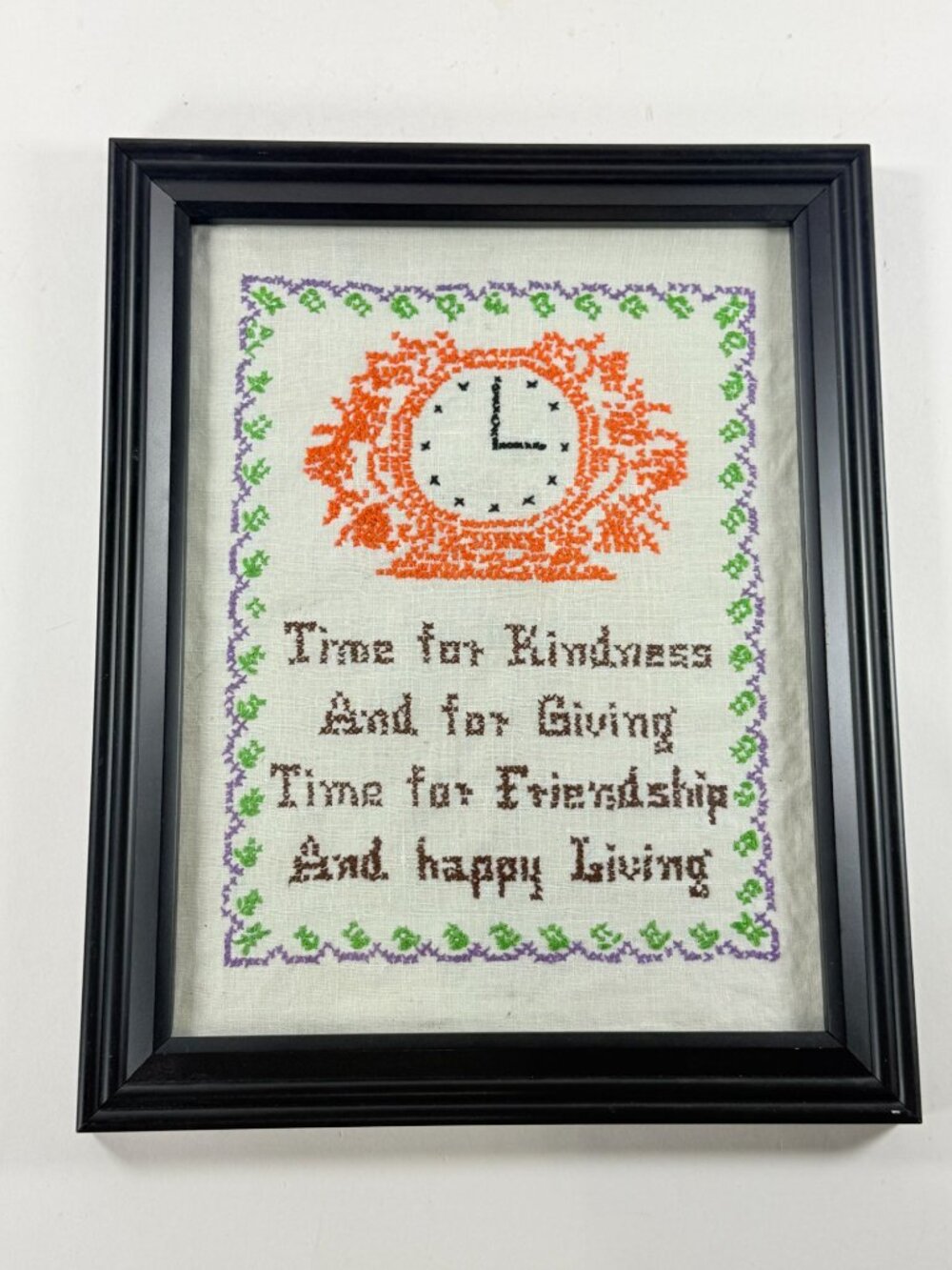 Vintage Handmade Cross Stitch Art Time For Kindness In Wooden Frame 15x12